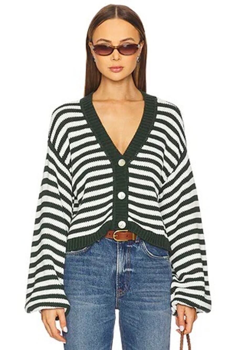 Show‎ Me Your Mumu Good Karma Cardigan Forest Green Striped Balloon Sleeves Sz L